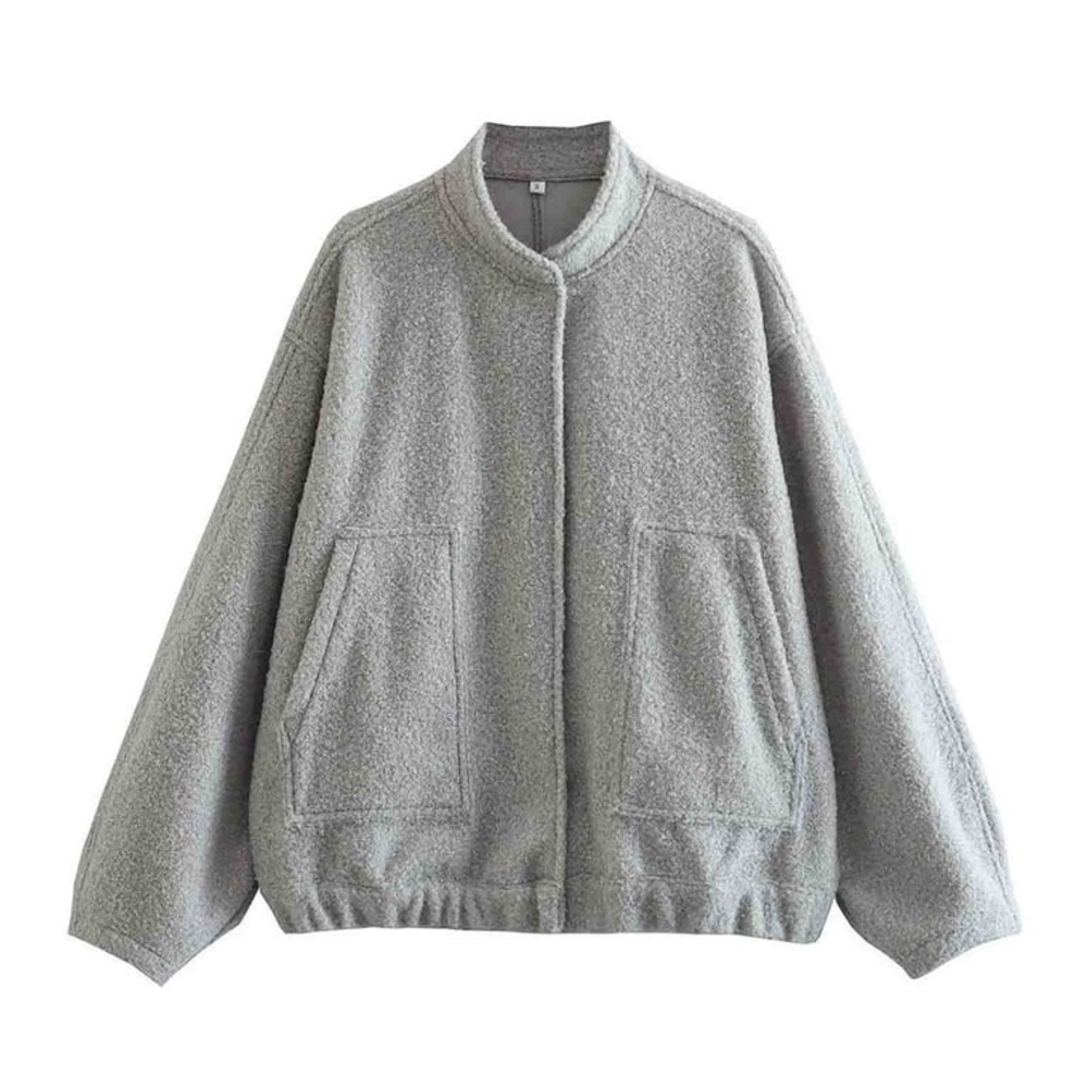 Women's Fleece Fuzzy Gray Snap Button Up Bomber Shaggy Jacket L